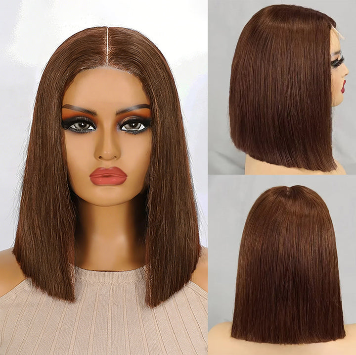 Lumiere #4 Brown Straight Blunt Cut Short Bob Wig 5x5/6x6 Lace Human Hair Bob Wigs for Black Women