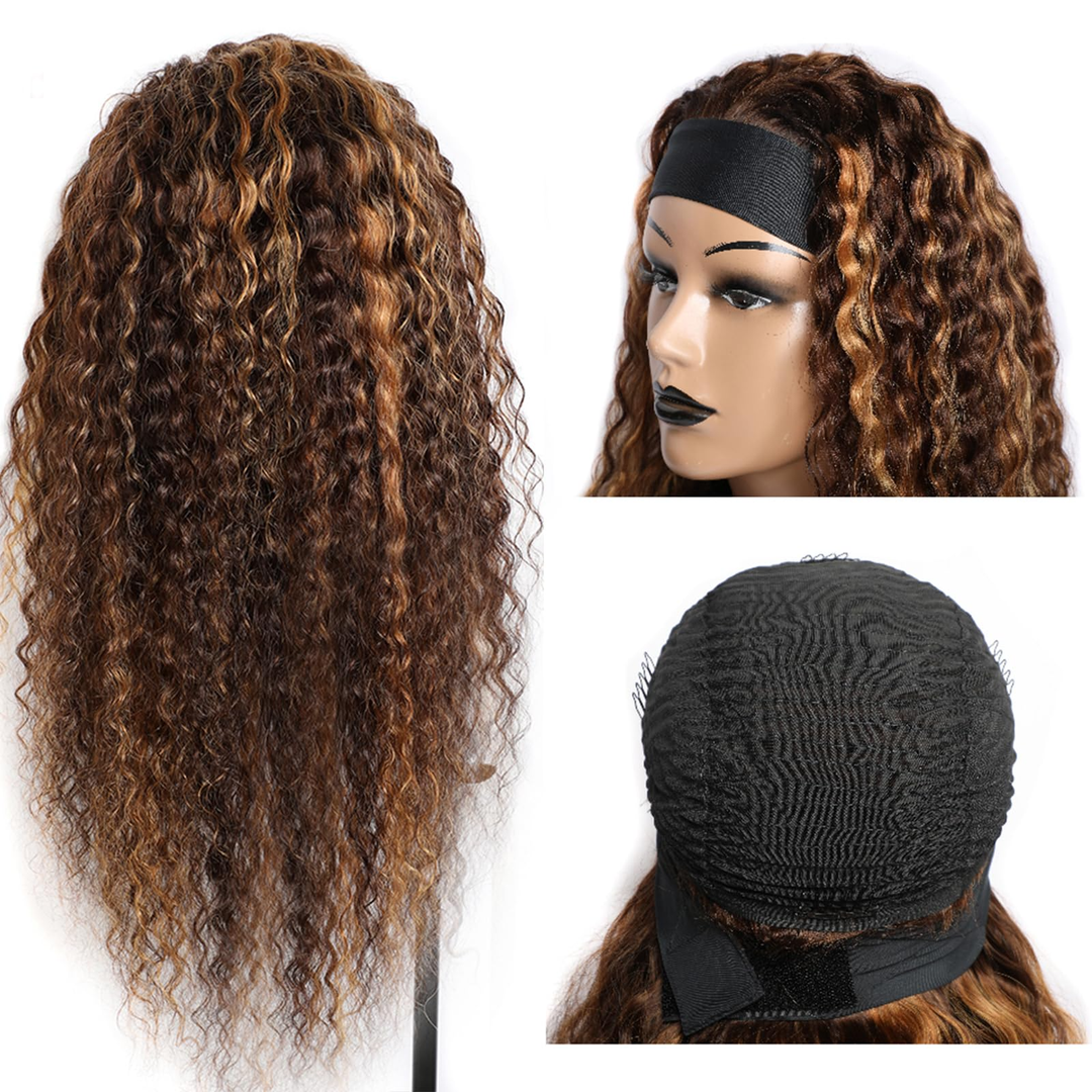 Honey Blonde Highlight #4/27 & #4/30 Color Kinky Curly Headband Wig Human Hair Wigs