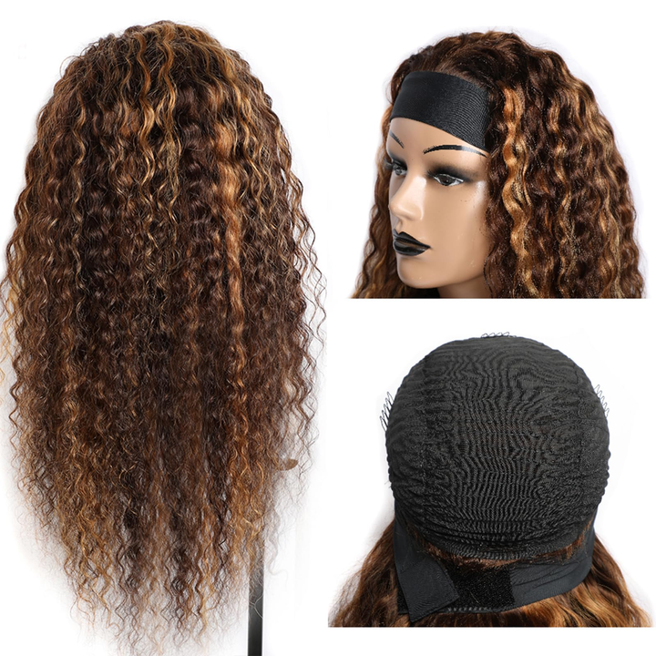 Honey Blonde Highlight #4/27 & #4/30 Color Kinky Curly Headband Wig Human Hair Wigs