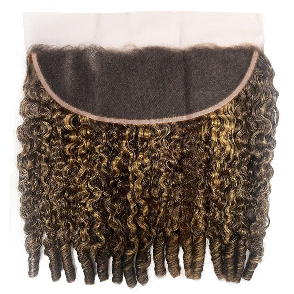 Highlight P4/27 Color Burmese Curly 3 Bundles With 13x4 Transparent Lace Frontal Human Hair