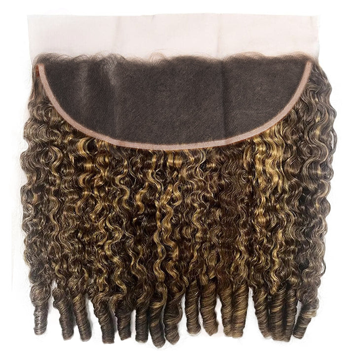 Highlight P4/27 Color Burmese Curly 3 Bundles With 13x4 Transparent Lace Frontal Human Hair