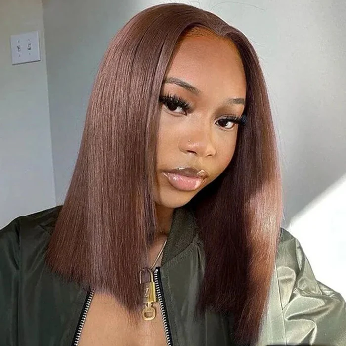 Lumiere #4 Brown Blunt Cut Bone Straight Bob Wig 2x6/13x4 Inch Deep Part Realistic Lace Vietnam Hair 220% Density