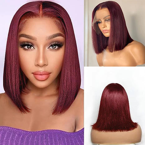 Lumiere Blunt Cut Bob Wig #99J Red Colored Straight Short Bob 13x4 Lace Front Human Hair Wigs 220% Density