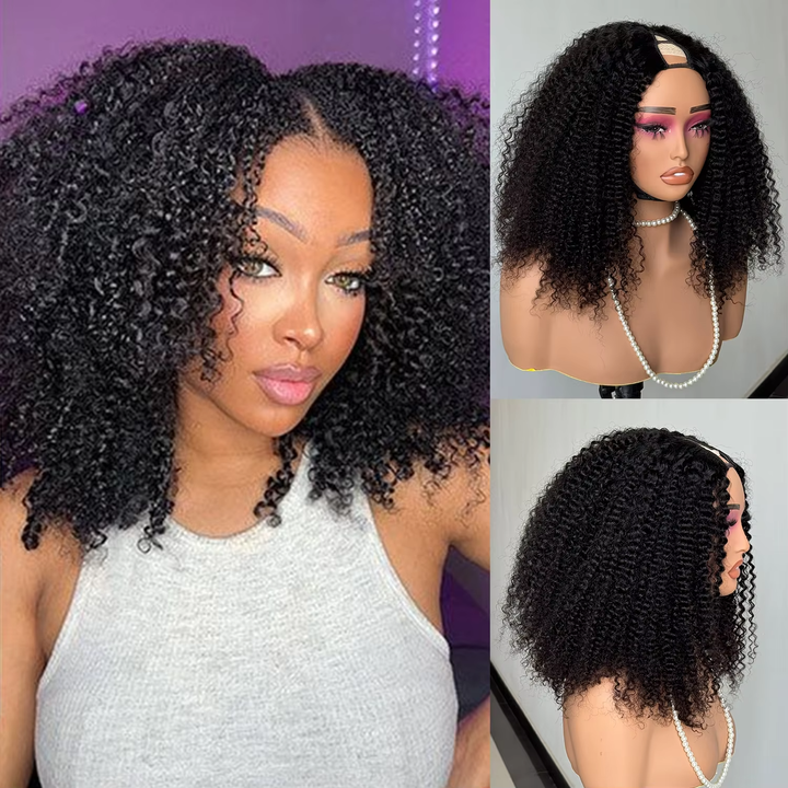 New V Part Kinky Curly No Leave Out Brazilian Remy Human Hair Wigs For Women