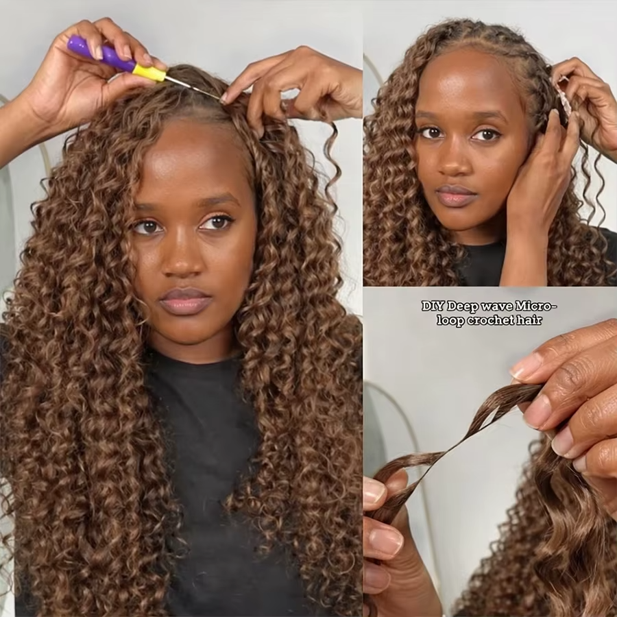 #4 Brown Deep Wave Feather Crochet Human Hair Miracle Knots 100% Real Remy Human Hair Extensions