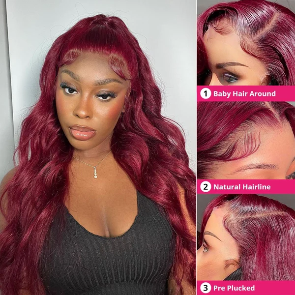 Lumiere 99J Burgundy 13x4 HD Body Wave Lace Front Human Hair Wigs Pre Plucked Red Colored Frontal Wigs for Women (No Code Need)