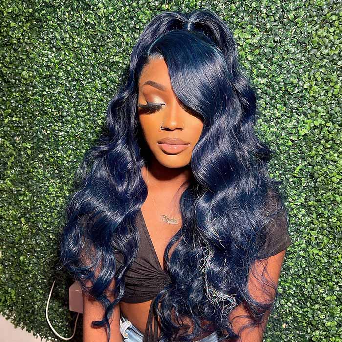 Lumiere Dark Blue Bomb Pre Colored 13x4 Body/Straight Wave Lace Frontal Human Hair Wig (No Code Need)