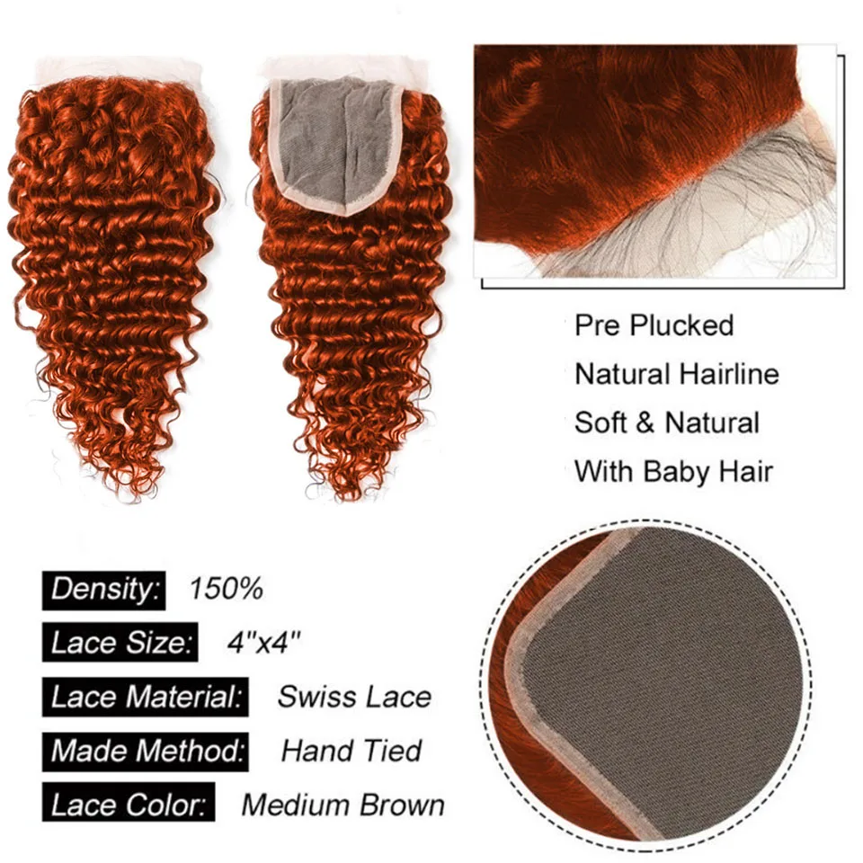 350 extensões de cabelo 100% humano cor de gengibre onda profunda 4x4 fechamento Remy 