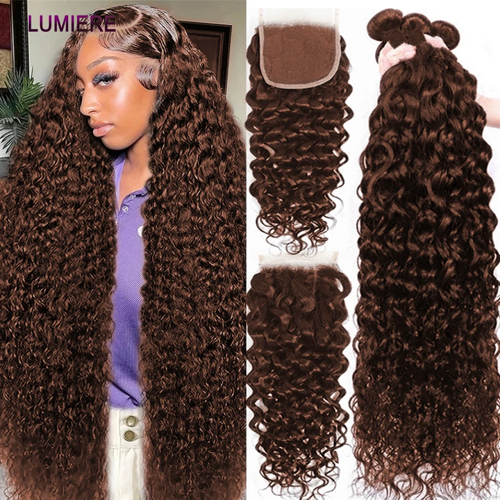 #4 Brown Water Wave 3 Bundles With 4X4 Lace Closure Human Hair Bundles Brazilain Unprocessed Virgin Hair Color #4 (No Code Need)