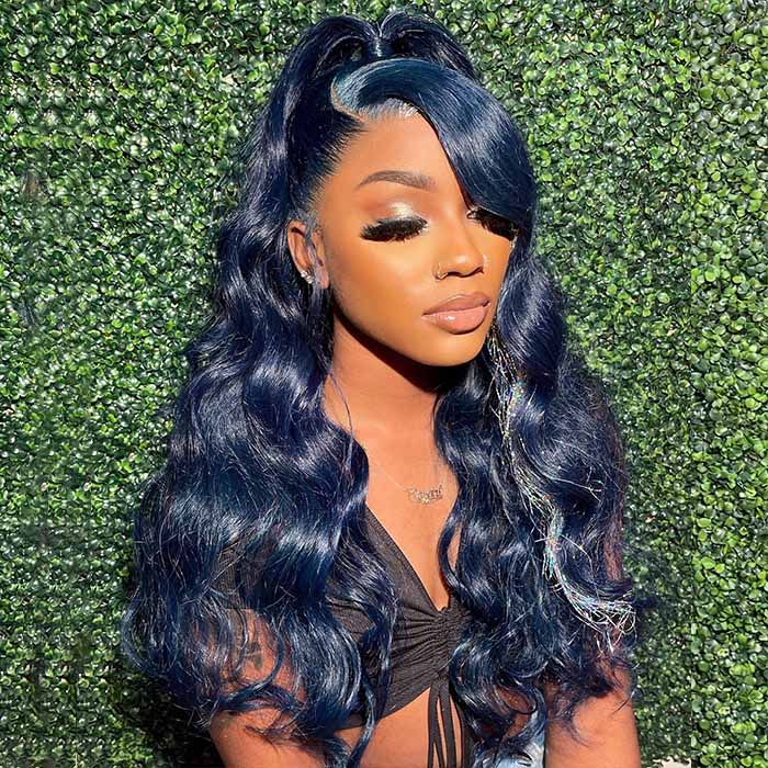 Lumiere Dark Blue Bomb Pre Colored 13x4 Body/Straight Wave Lace Frontal Human Hair Wig (No Code Need)