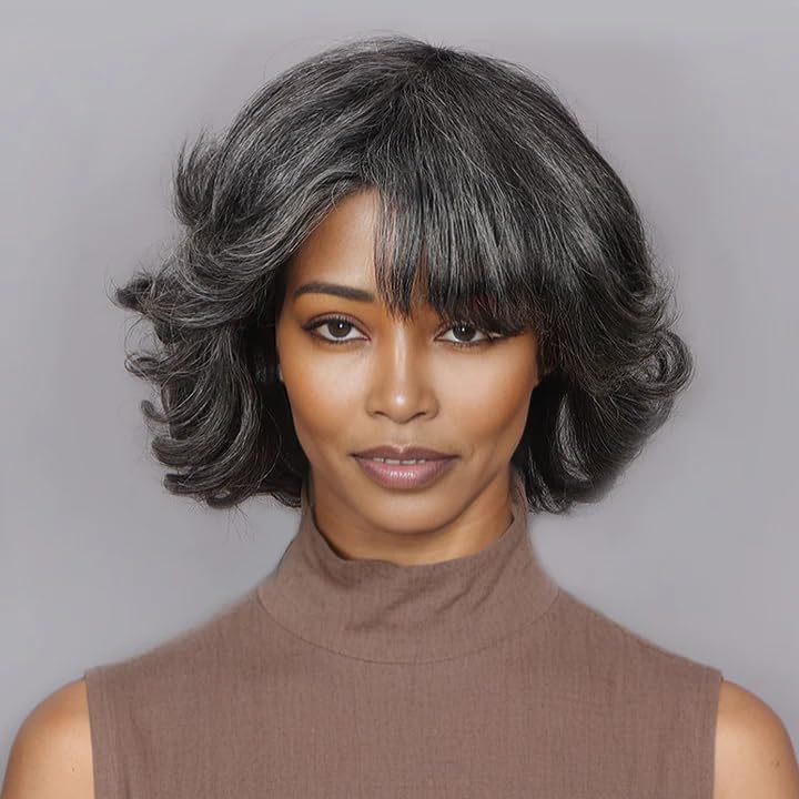 New Salt And Pepper Colored Short Wave Full Machine Wigs With Bangs Bob Wig 8inch
