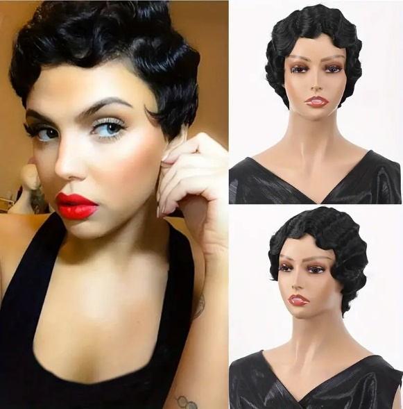 New Pixie Cut Short Finger Wave Wig #1B #27 #99J full Machine Made Wigs Natural Looking