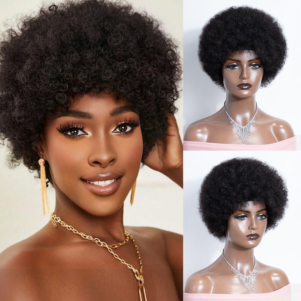 New Pixie Cut Colored Fluffy Afro Kinky Curly Wig For Women Human Hair Full Machine Explosive Hair Wigs