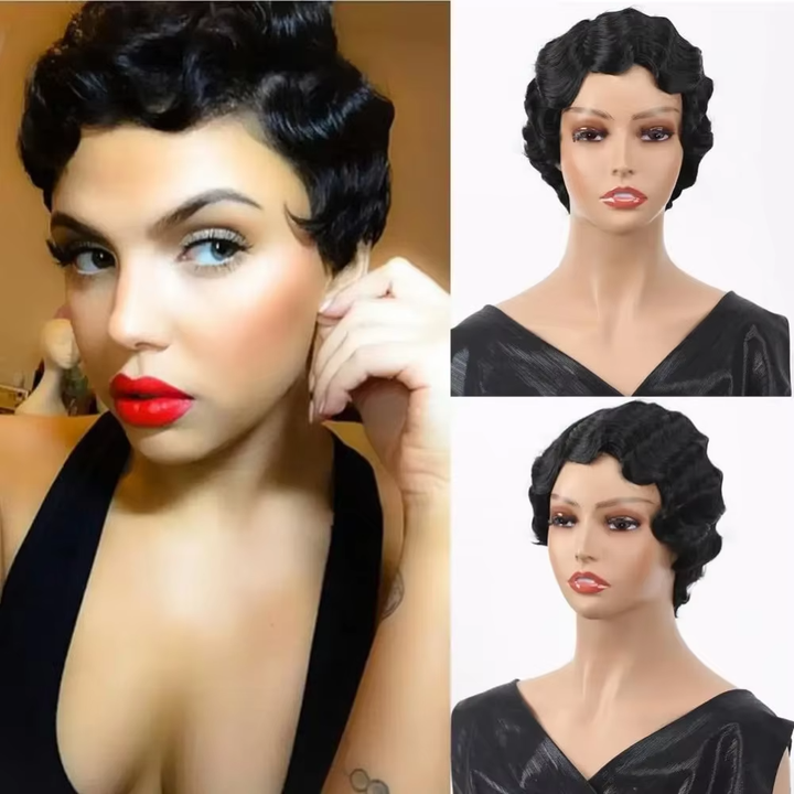 Pixie Cut Short Bob Finger Wave Full Machine 100% cheveux humains Aucun Lace Front Wigs 