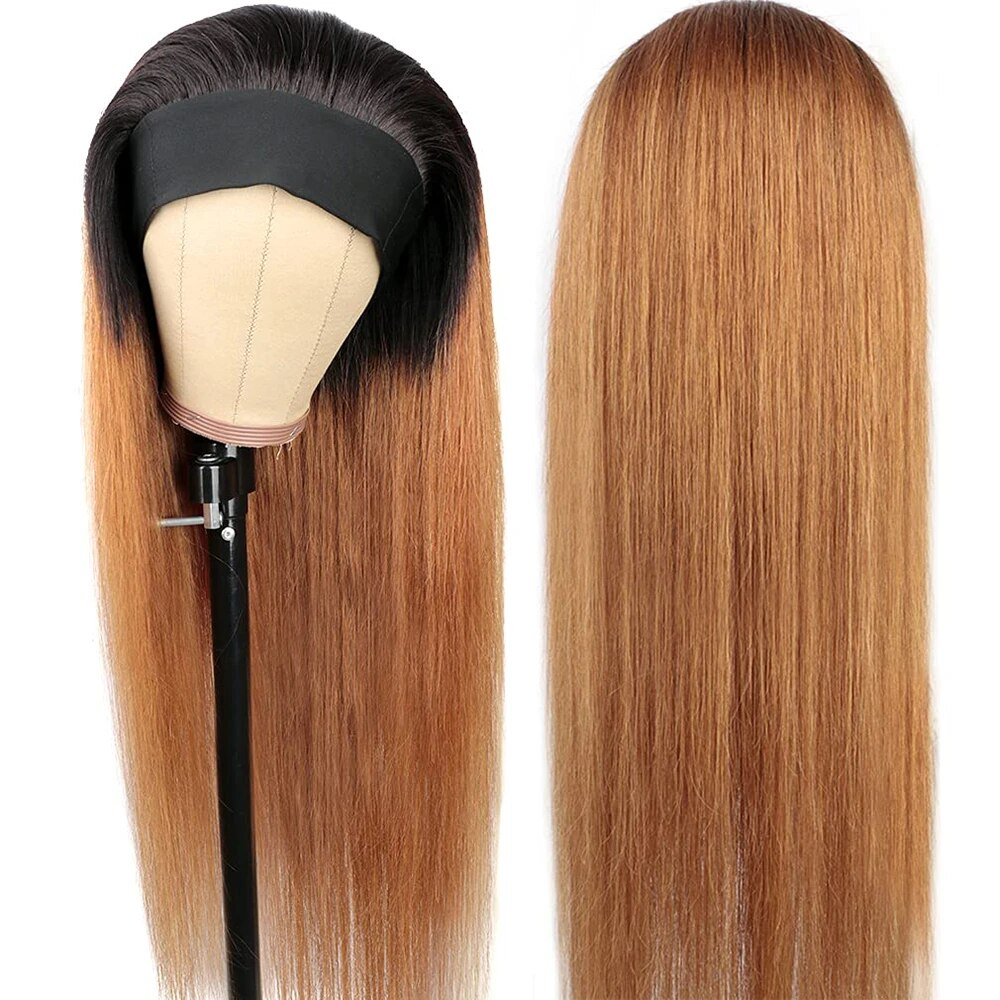 Straight No Lace 1B/30 Ombre Human Hair Headbands Wigs Full Machine Head 150% Density Glueless Wig