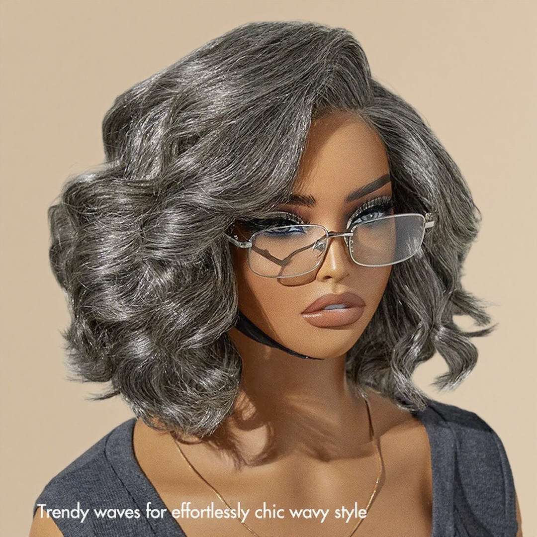 Lumiere Ready To Go Pre-Cut Salt & Pepper Body Bob Wig For Women Left C Part 4x6x1 Lace Frontal Grey Bob Wig With Natural Hairline