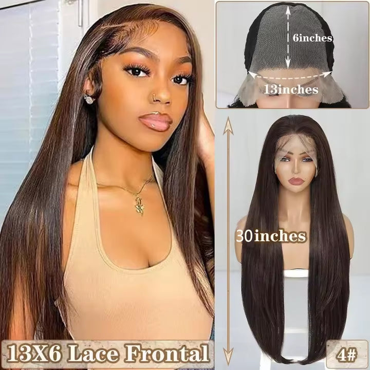 Lumiere Chocolate Brown Colored Synthetic Hair Long Straight 13X6 Lace Frontal Wigs for Women Daily Fashion