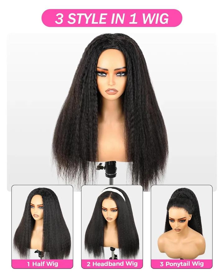 [3 In 1 Half ] Wig Human Hair Yaki Straight Glueless Wear & Go Half Wig Beginner Friendly Seamless Wig