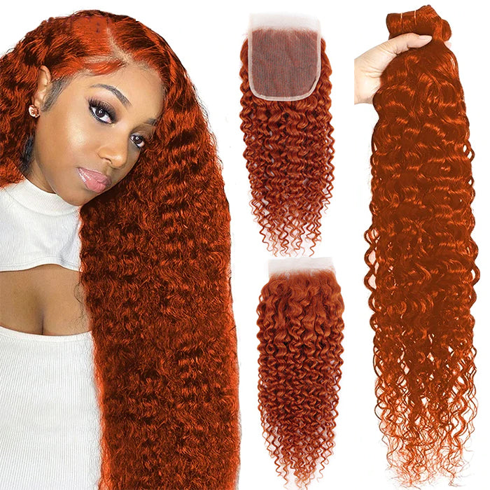 #350 Orange Ginger Water Wave 4 pacotes com fechamento de renda 4X4 100% cabelo humano 