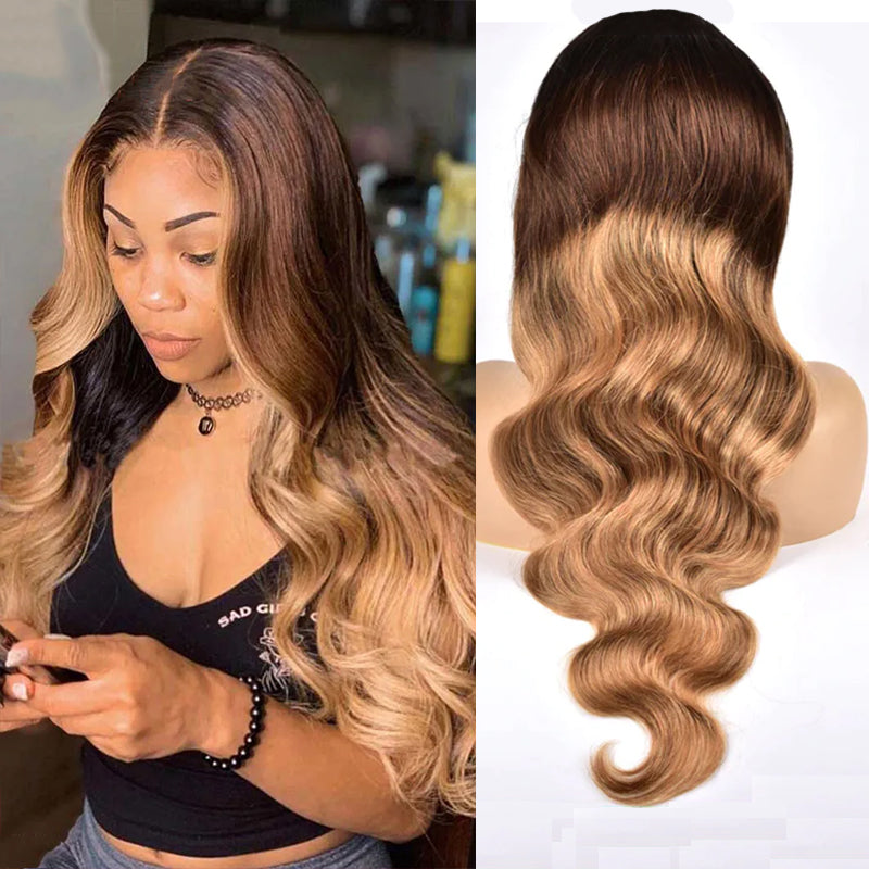 Highlighted Wigs 13x4 Lace Frontal Wig #T4/27  Color Body wave Human Hair Wigs with Highlights