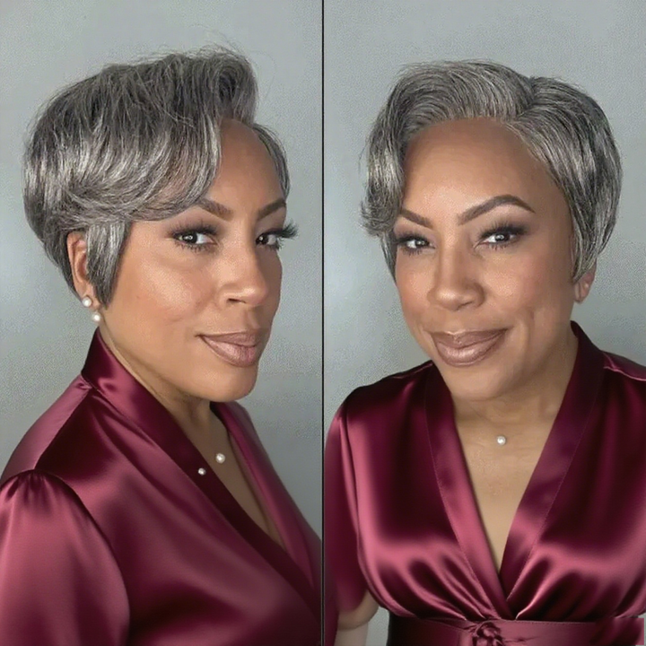 Lumiere Pixie Cut Human Hair Wigs Salt & Pepper Wigs Short Bob Left C Part 4x6x1 Lace Grey Wig Pre-Cut Lace