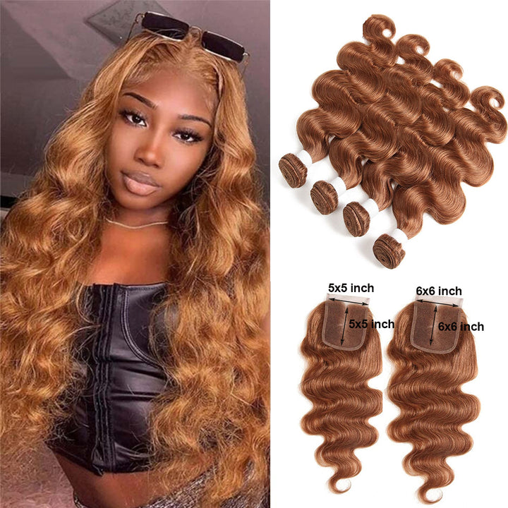 #30 Brown Color Body Wave Bundles Brazilian Human Hair 4 Bundles with Transparent 5x5/6x6 Closure Soft Hair Closure