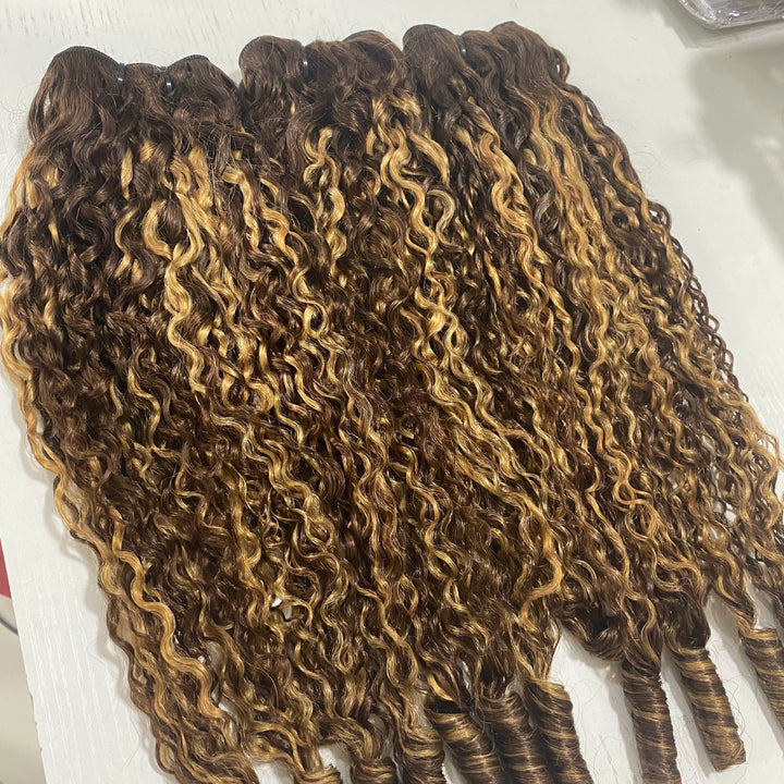 Highlight P4/27 Colored Burmese Curly 4 Bundles Pixie Curls Human Hair Bundles Ocean Spirals Curly