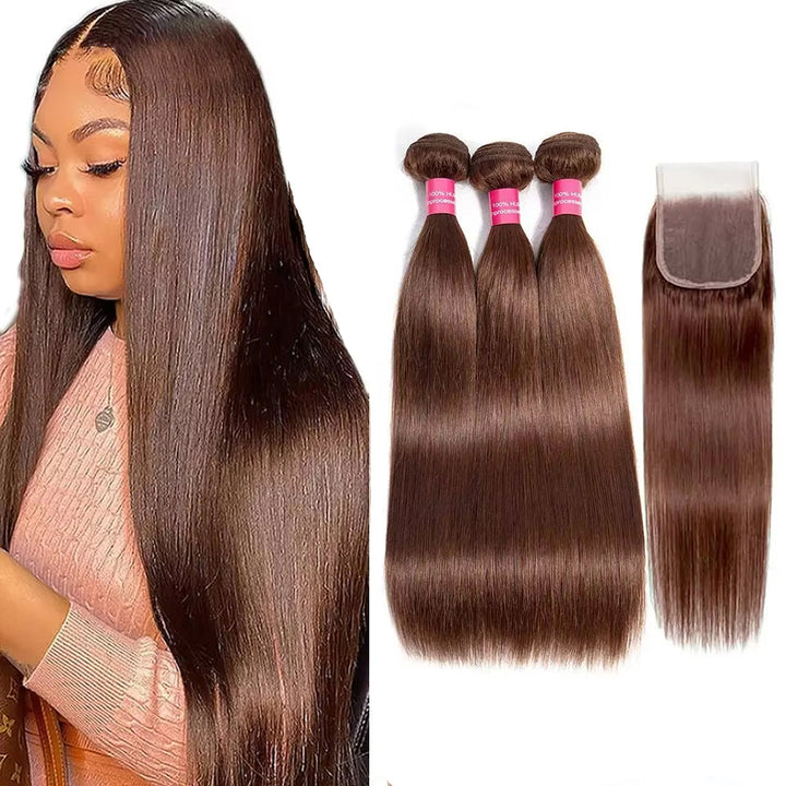 #4 Brown Body Wave 3 Bundles avec 4X4 Lace Closure 100% cheveux humains vierges 