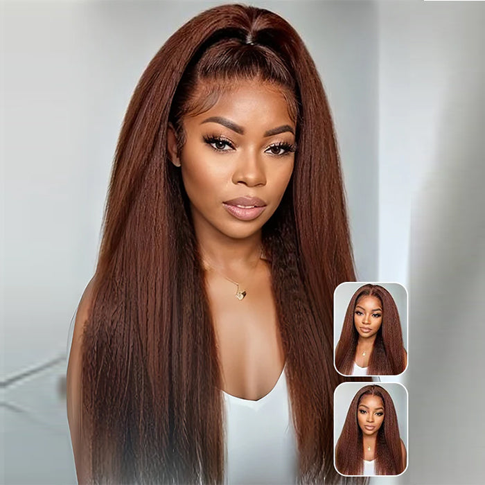 Chocolat Brun Kinky Straight Lace Front Wig Cheveux Humains Pour Femmes 