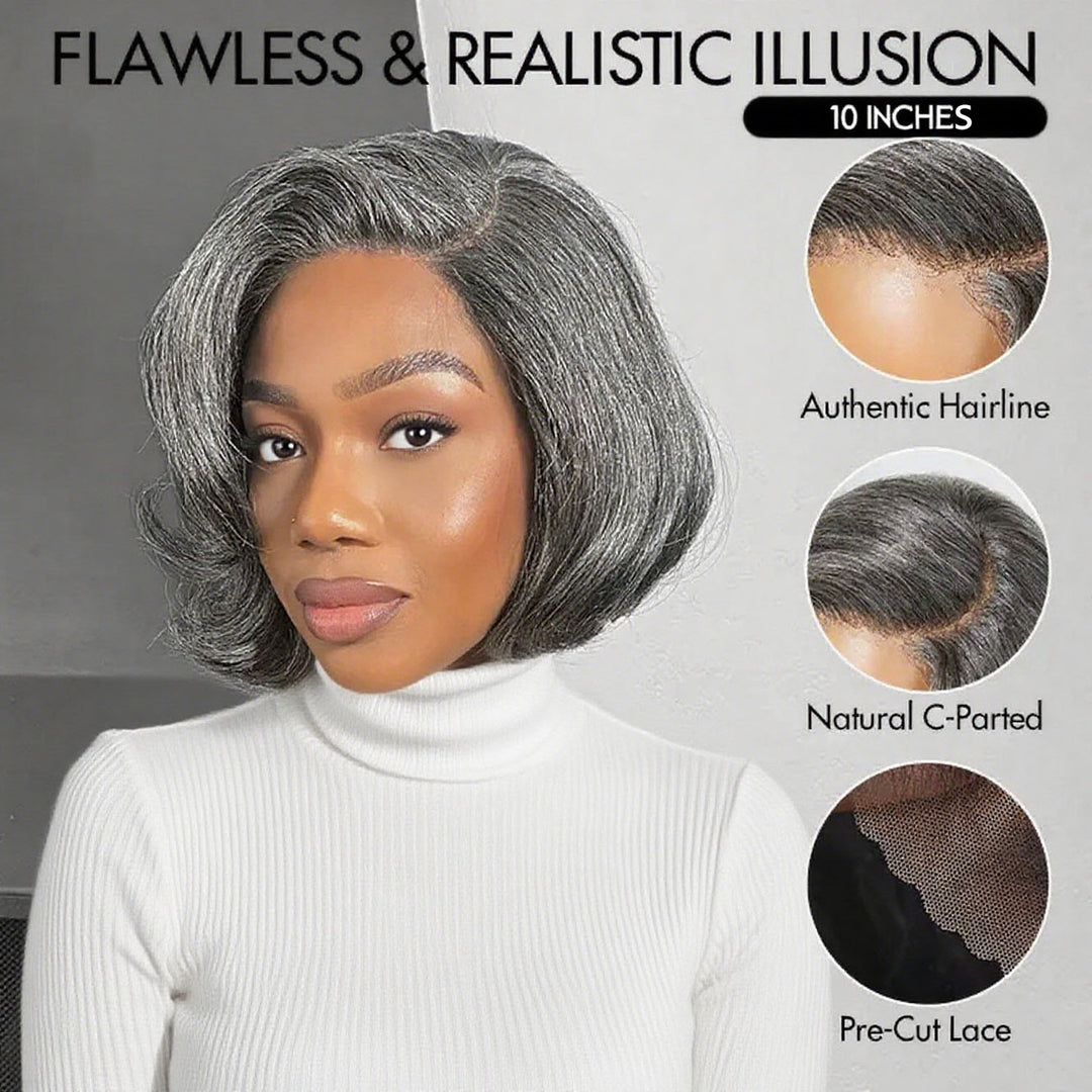 Lumiere Ready To Go Salt & Pepper Layered Bob Pre-Cut Left C Part 4x6x1 Lace Frontal Grey Wig Human Hair