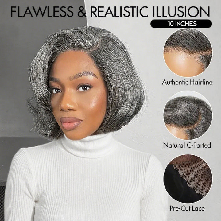 Lumiere Ready To Go Salt & Pepper Layered Bob Pre-Cut Left C Part 4x6x1 Lace Frontal Grey Wig Human Hair