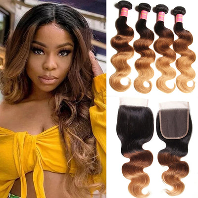 Malaysian Ombre 1b/4/27 Body Wave 4 Bundles with 4X4 lace Closure Human Hair