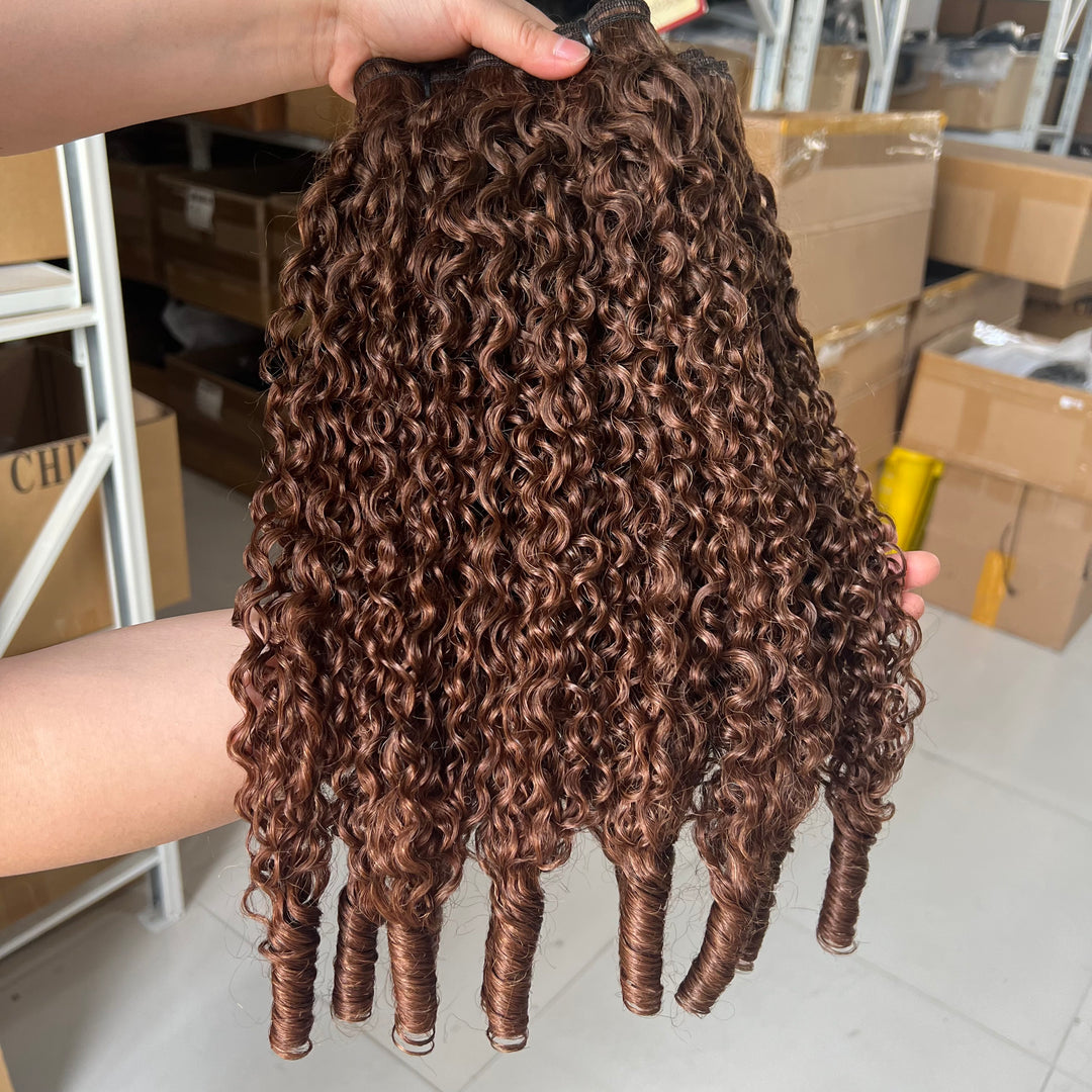 Lumiere Burmese Curly Bundles #4 Brown Chocolate Burmese Curly 4 Bundles With 4x4 Lace Closure Spiral Ends Weave Hair Extensions