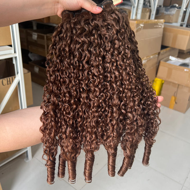 Lumiere Burmese Curly Bundles #4 Brown Chocolate Burmese Curly 4 Bundles With 4x4 Lace Closure Spiral Ends Weave Hair Extensions