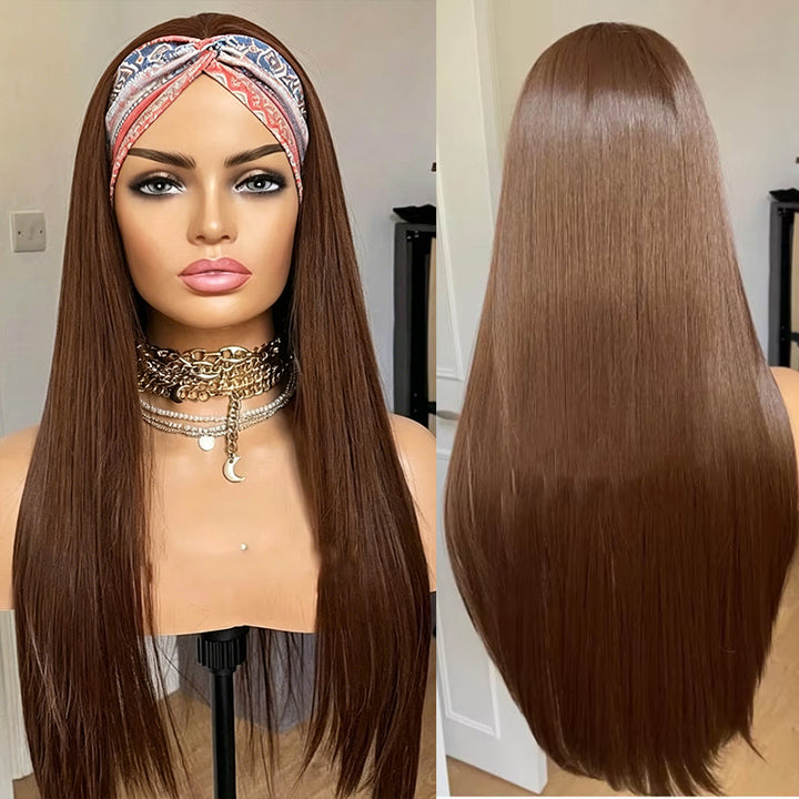 Color #4 Brown Straight Headband Human Hair Wigs For Black Woman