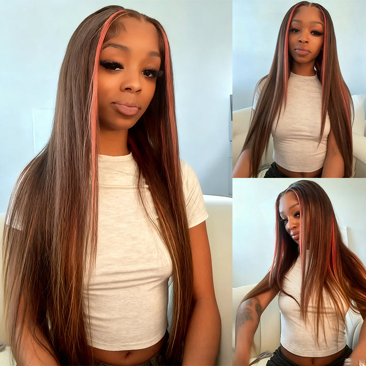 Ginger Highlights On Brown Mix Yellow Hair Straight Wig Human Hair To Wear For Women（WG95)