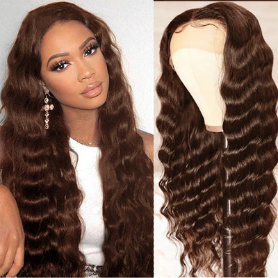 Chocolate Brown Loose Deep Wave Frontal Wig HD Transparent Lace Front Human Hair Wigs For Women