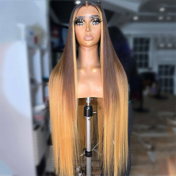 Skunk Stripe Blonde Noir Ombre Brun Couleur cheveux raides HD Dentelle Frontale Perruques de Cheveux Humains 