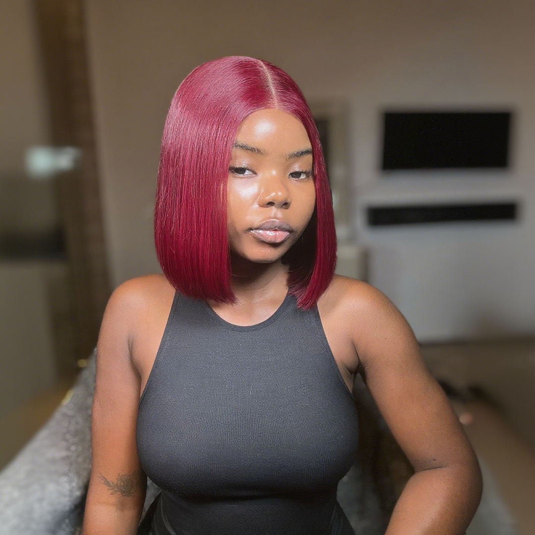 15A Lumiere 2x6 Lace Closure Straight Bob Wigs 250% Density #99J Red Colored Blunt Cut New Short Bob Wigs