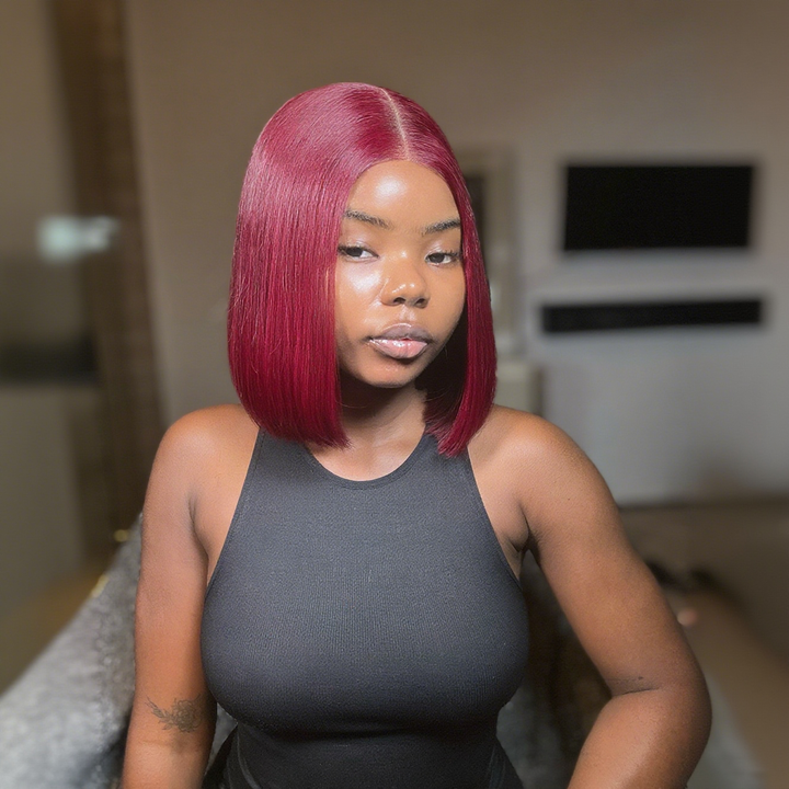 15A Lumiere 2x6 Lace Closure Straight Bob Wigs 250% Density #99J Red Colored Blunt Cut New Short Bob Wigs