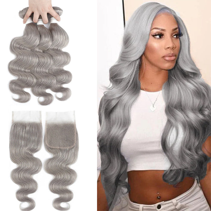 Silver Grey Body Wave 3 Bundles With 4x4 Lace Closure Remy Brazilian Human Hair Extension