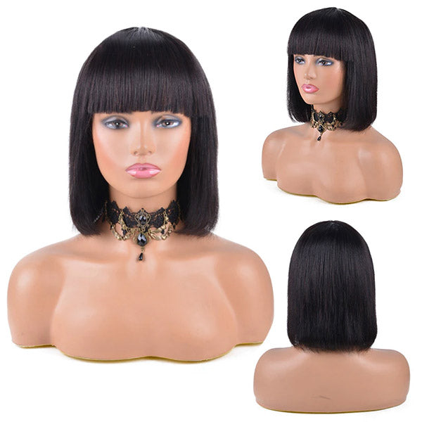 Bob Short Straight Wigs with Bangs Natural Black Human Hair Wigs for Women