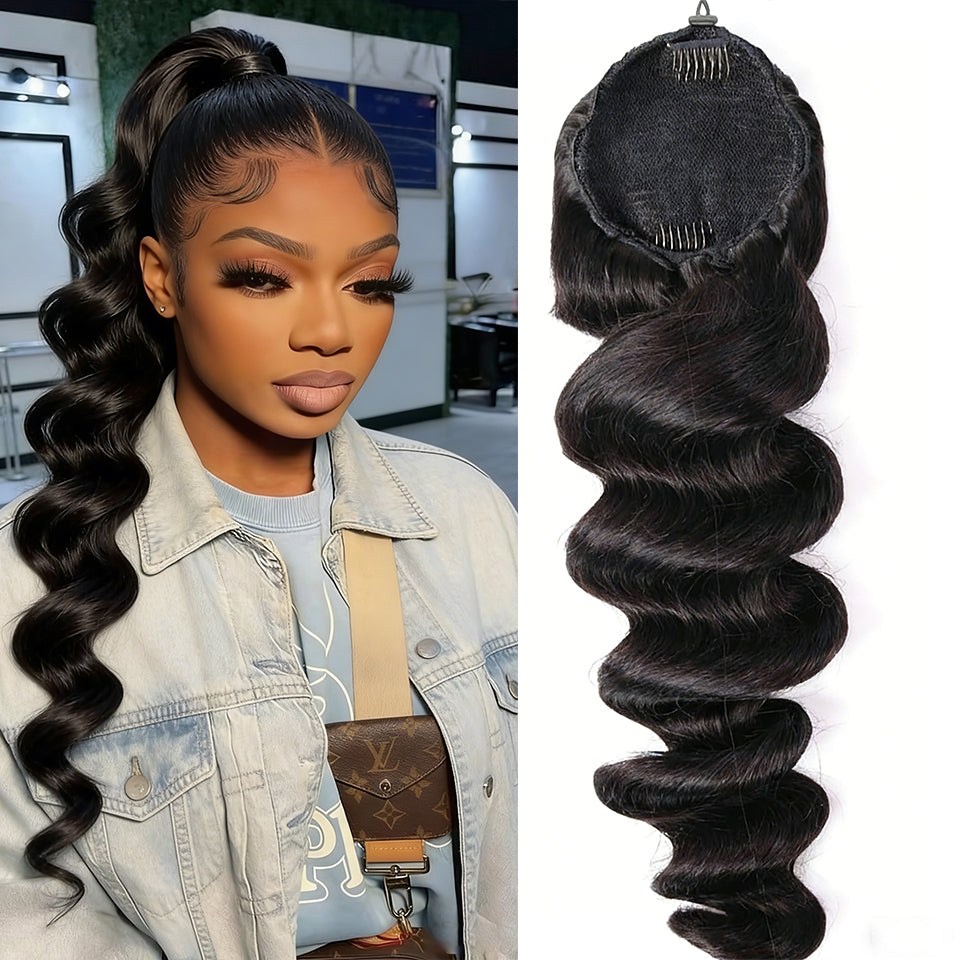 Cheveux humains d'extension de queue de cheval de cordon de vague lâche pour les femmes noires 