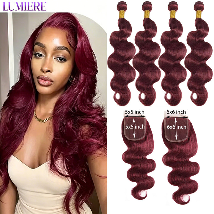 99j Burgundy Colored Body Wave 4 Bundles Brazilian Wavy With 5x5/6x6 Closure Human Hair