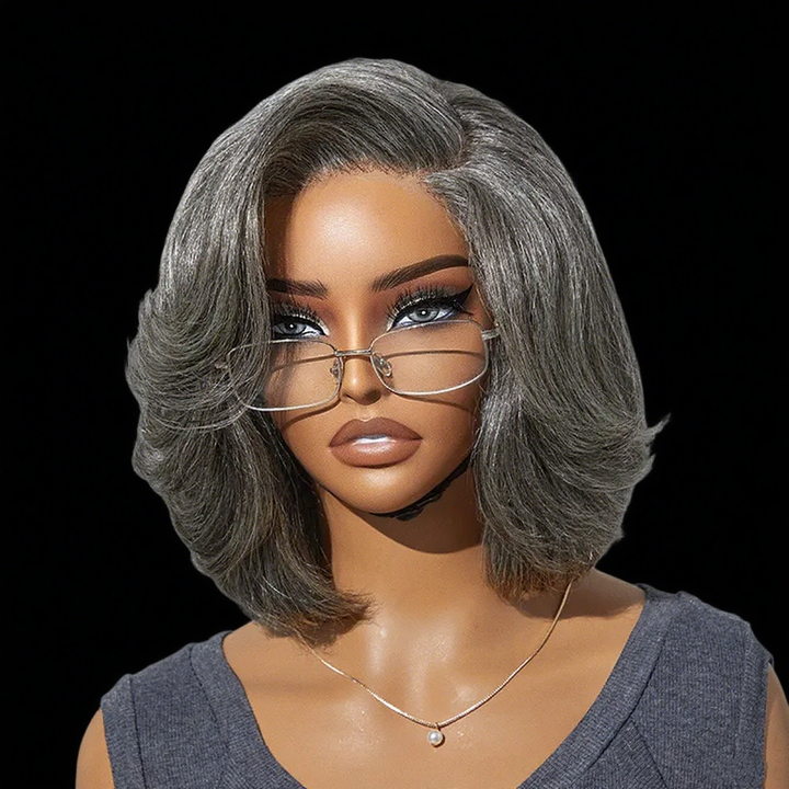Lumiere Ready To Go Salt & Pepper Layered Bob Pre-Cut Left C Part 4x6x1 Lace Frontal Grey Wig Human Hair