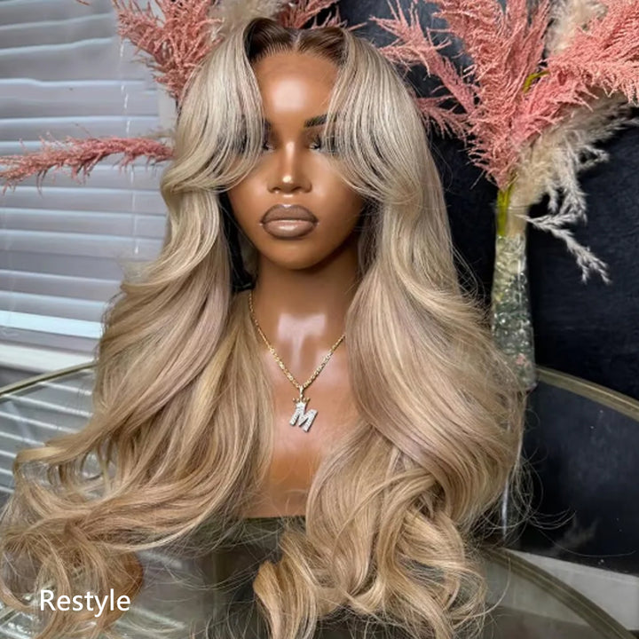 Gray Ash Blonde With Root 4 Brown Lace Front Body Wave/Straight Human Hair Wigs  Root4/Gray Blonde Silky Human Hair Wig 200% Density