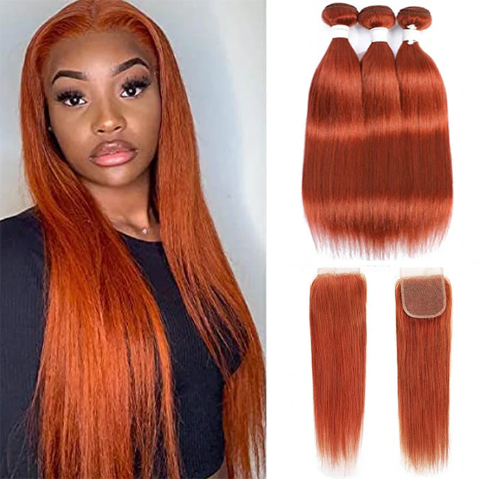 #350 Ginger Straight Hair 3 Bundles with 4x4 HD Lace Closure Human Hair Extensions(No Code Need)