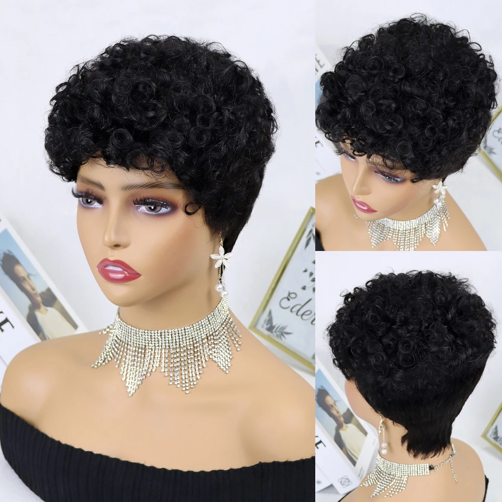 New Pixie Cut Short Human Hair Top Color Made Full Machine Wigs Curly Hair for Women