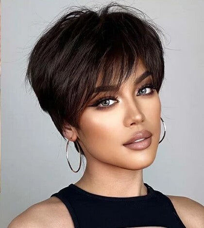 New Pixie Cut Short Straight #1b #4 #27 Color Machine Made Human Hair Wigs For Women