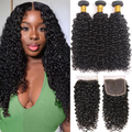 (B2)  Kinky Curly Bundles Human Hair  3 Bundles With 4x4 Closure 100% Unprocessed Brazilian Virgin Remy Hair For Women Natural Black Color